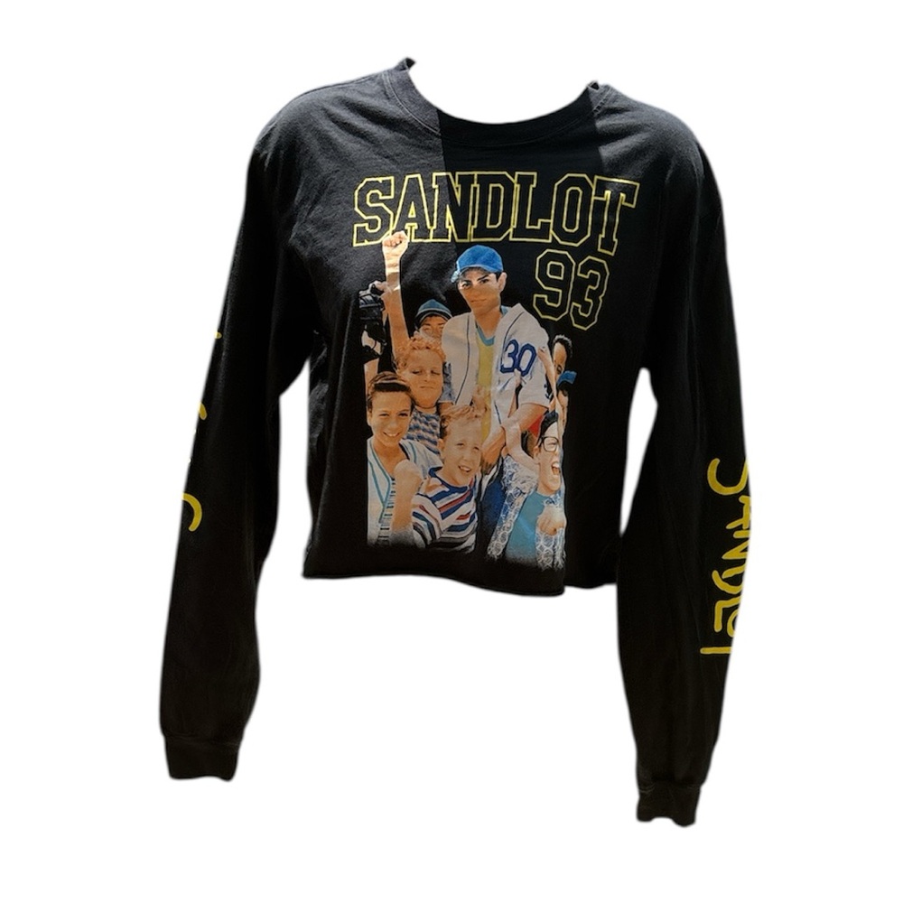Sandlot Women's Black Long Sleeve Graphic Cropped Cutoff Tee With Vintage Design